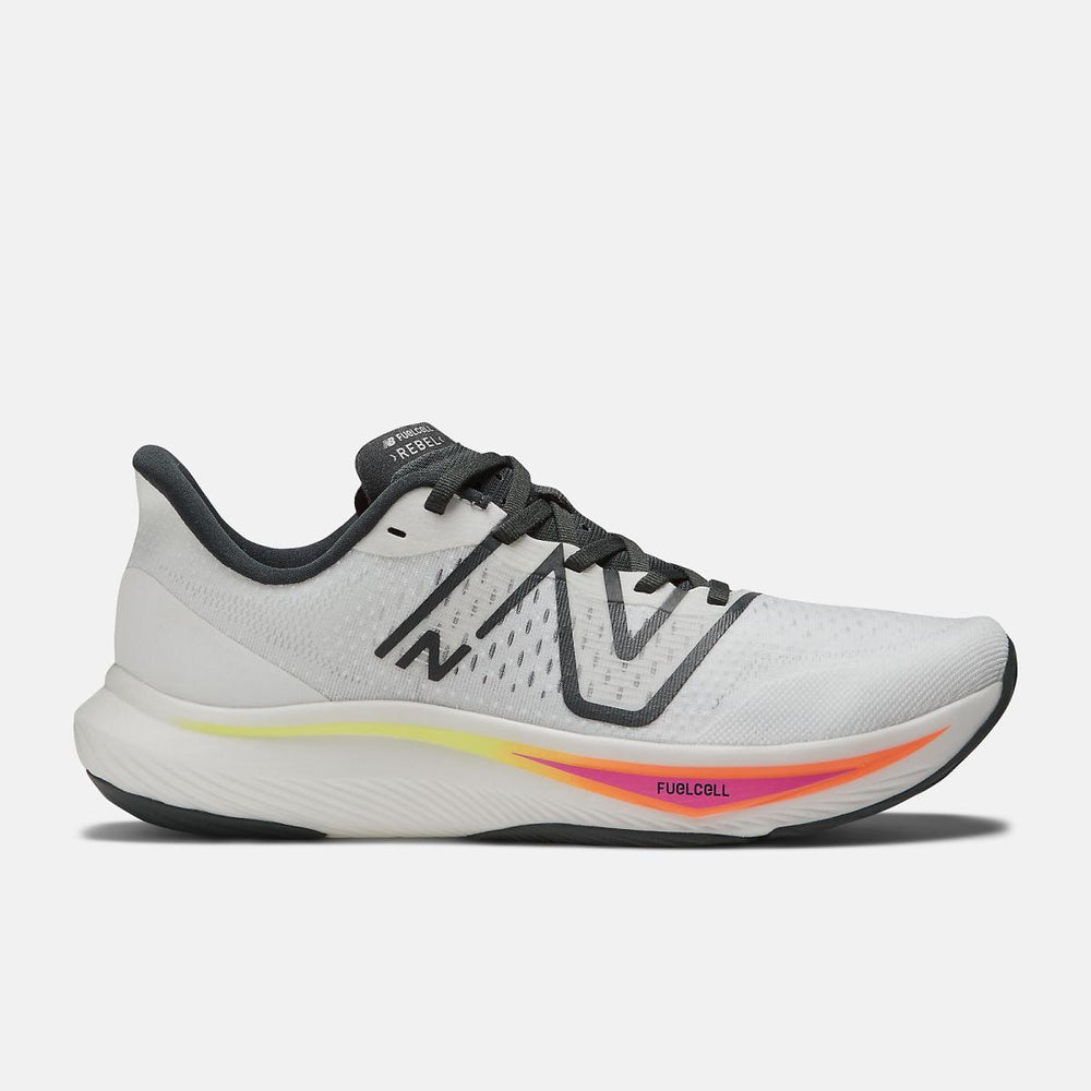 Running | Men New Balance FuelCell Rebel V3 White With Blacktop And Neon Dragonfly