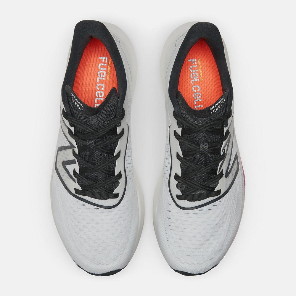 Running | Men New Balance FuelCell Rebel V3 White With Blacktop And Neon Dragonfly