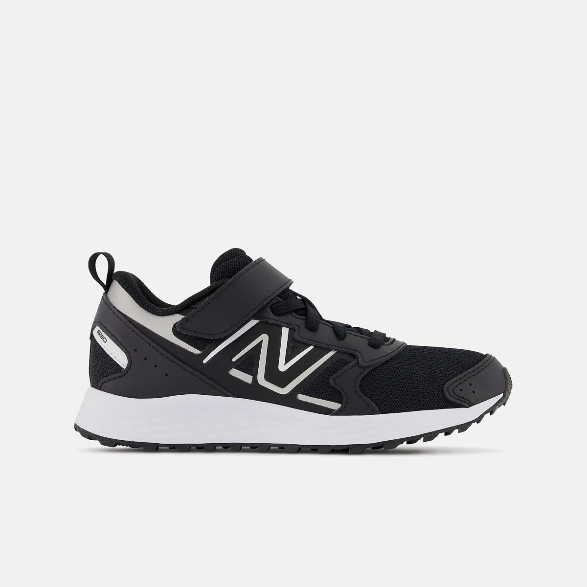 Size 10.5 - 3 | Kids New Balance Fresh Foam 650 Bungee Lace With Top Strap Black With Metallic Silver And White