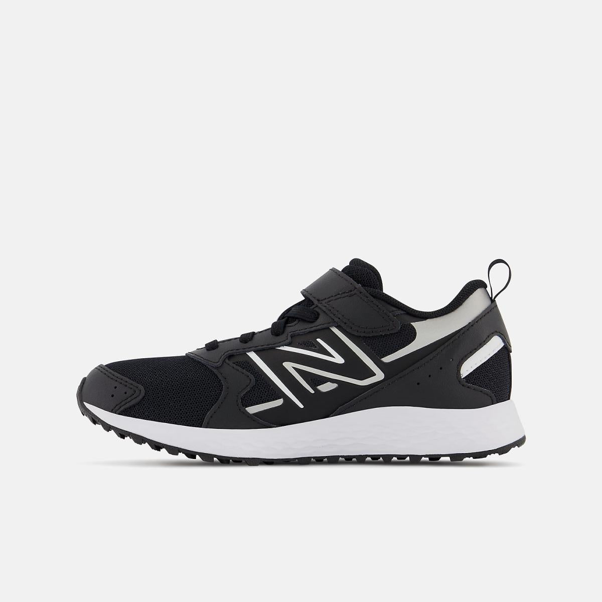 Size 10.5 - 3 | Kids New Balance Fresh Foam 650 Bungee Lace With Top Strap Black With Metallic Silver And White