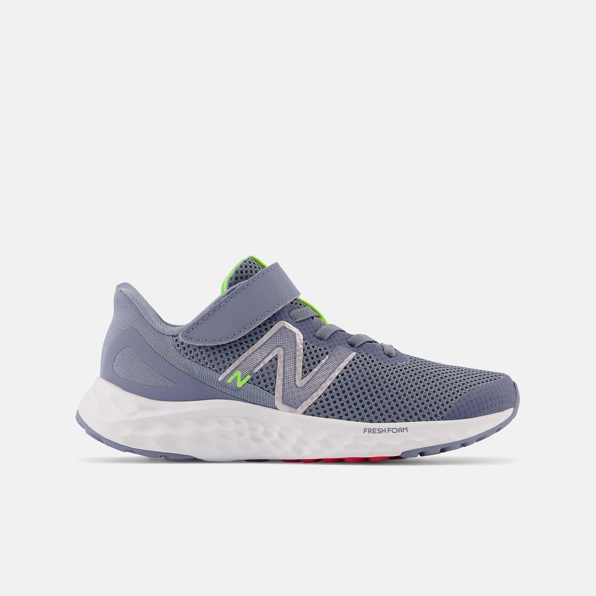 Size 10.5 - 3 | Kids New Balance Fresh Foam Arishi V4 Bungee Lace With Top Strap Arctic Grey With Pixel Green And True Red