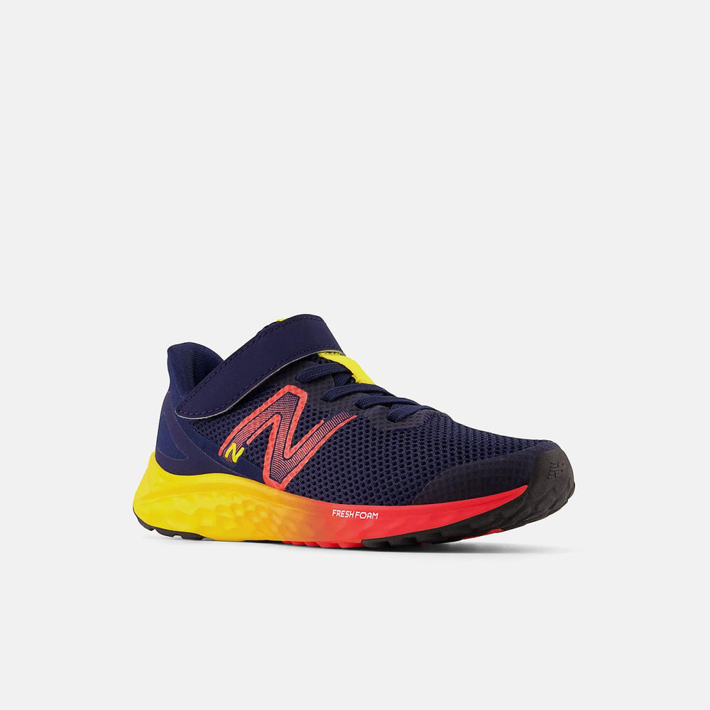 Size 10.5 - 3 | Kids New Balance Fresh Foam Arishi V4 Bungee Lace With Top Strap Team Navy With Electric Red And Egg Yolk